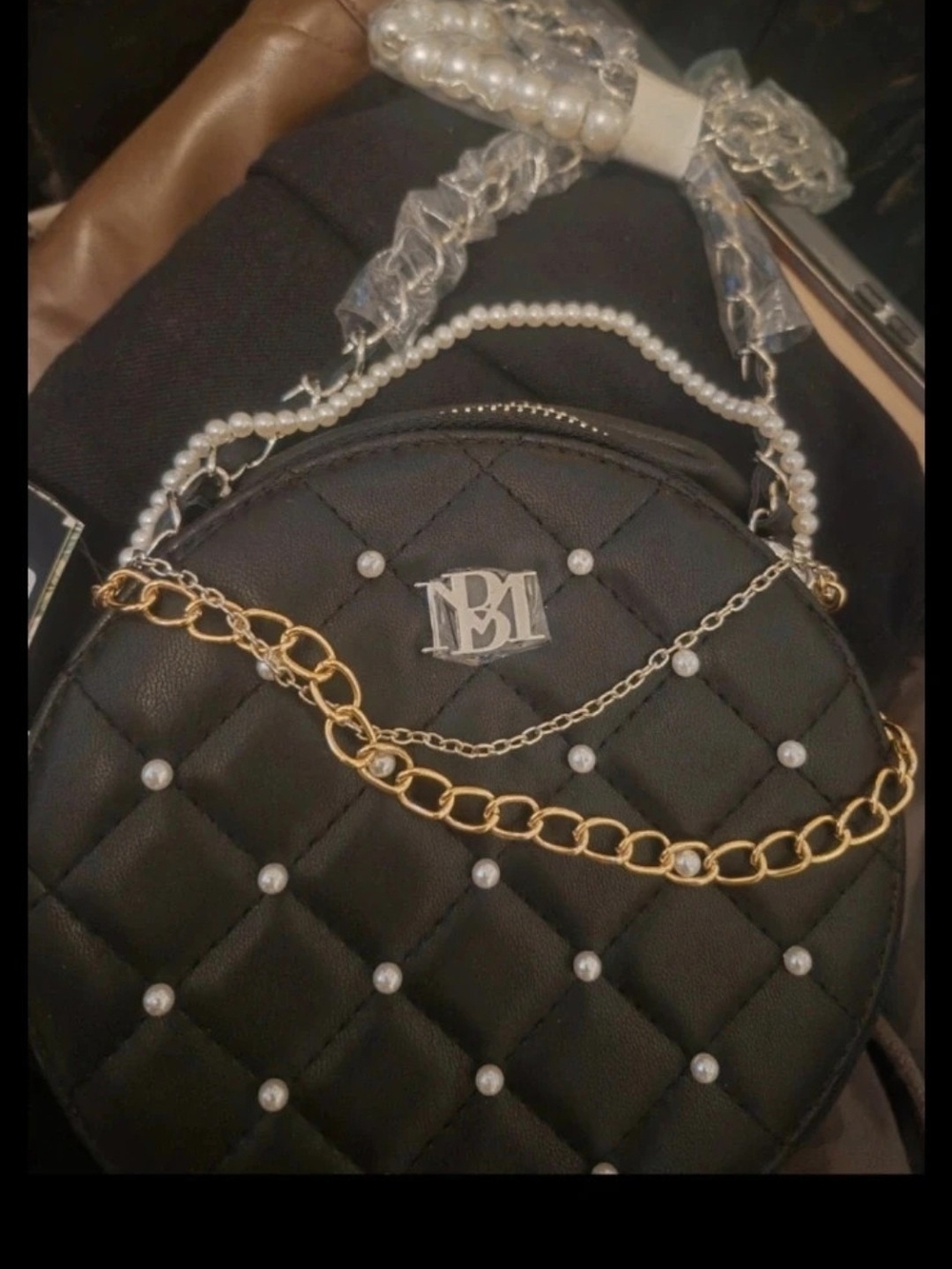 Badgley Mischka Black Quilted Round Crossbody with Pearl Accents
